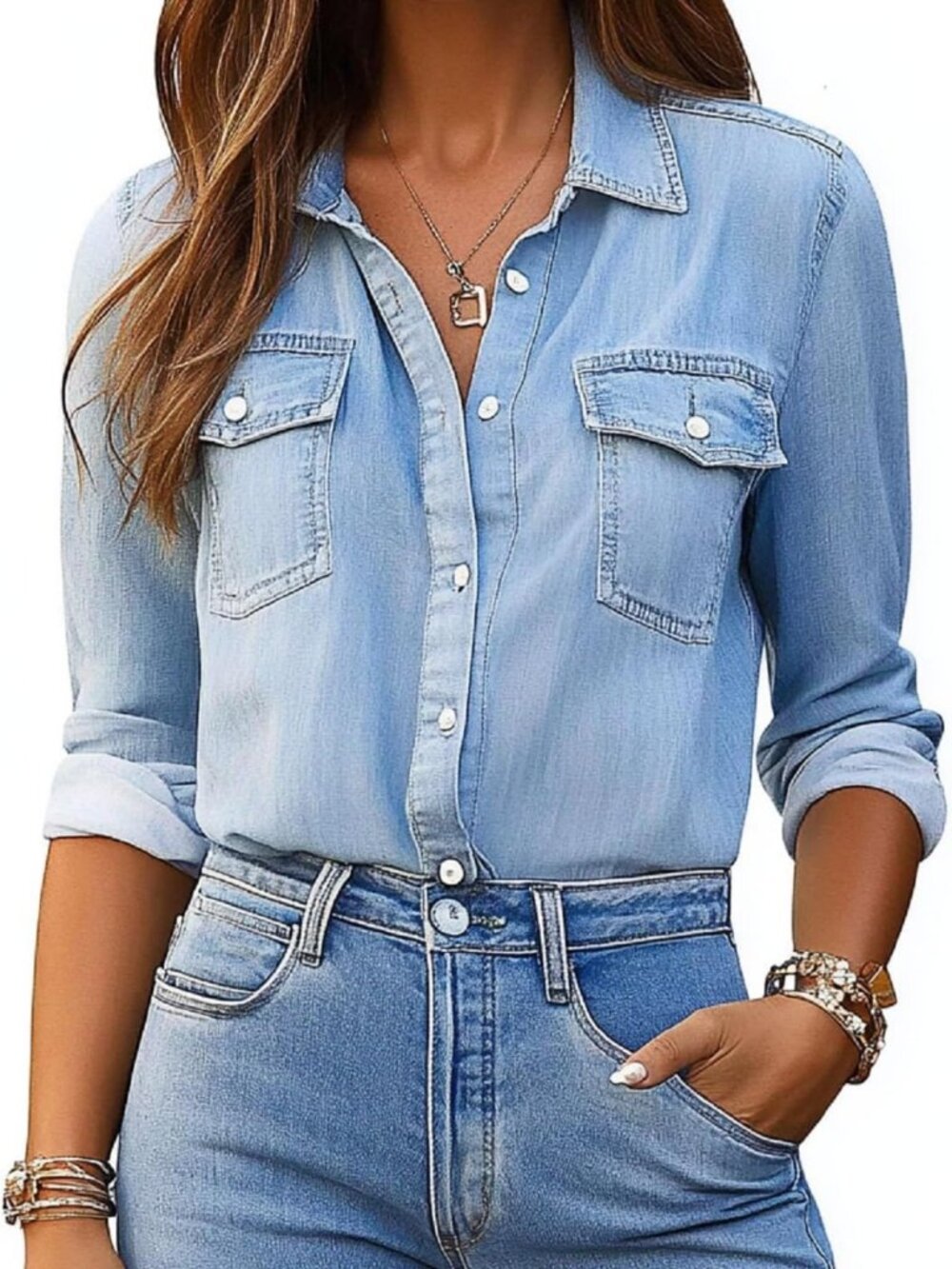 Chic Long Sleeve Denim Button Down Shirt | Casual Chambray Blouse for Women